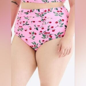 Torrid Retro Chic High-Rise Ruched Swim Bottom Only Pink Cheery Cherry 1X Nwt